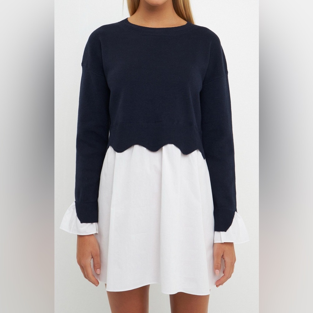 English Factory Scalloped Knit Poplin Combo Dress - Size Large - Picture 4 of 7